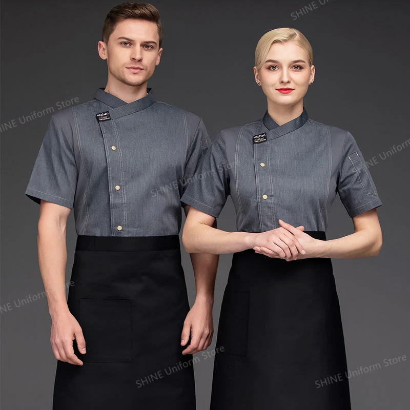 Grey Chef Jacket Catering short sleeve chef uniform Work Wear Clothes Restaurant Uniforms Coat men Kitchen Cook Clothing outfit