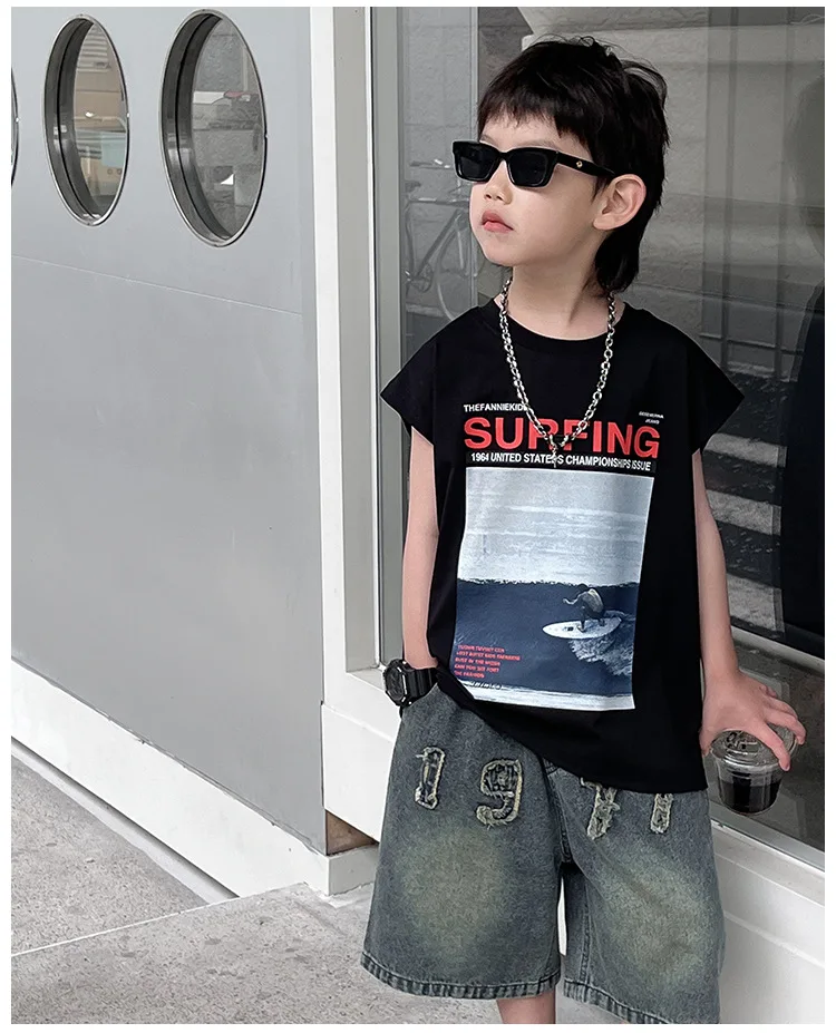 Boys Shirts Chlidren Clothes Summer Wear 2024 Children Korean Style Fashion Boys Sleeveless Top Letter Printed Boy Shirts