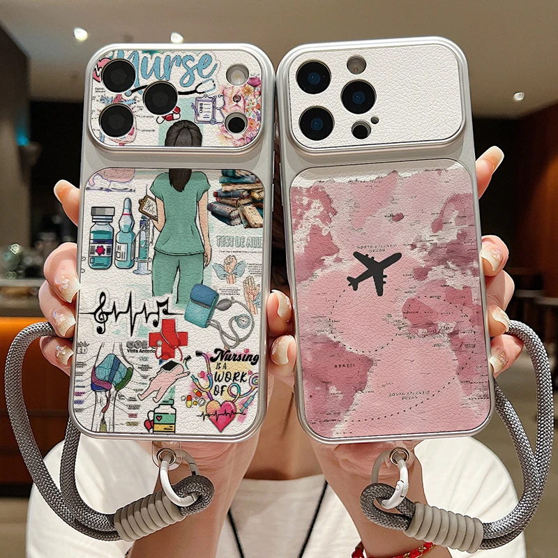 Simple Hearts Pattern Lanyard Phone Case For iPhone 17 Pro Max 16 17 15 14 13 Pro Max Leather Texture TPU Shockproof Matte Cover