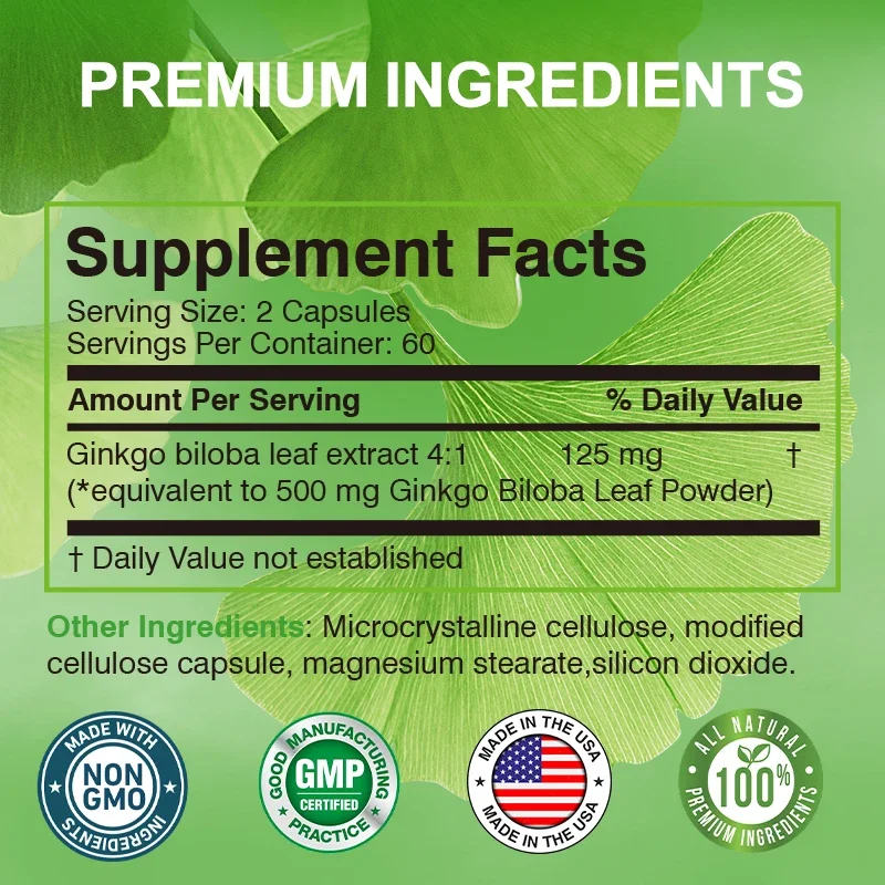 Ginkgo Biloba Extract Capsules - Promotes Brain Function and Memory, Attention, Antioxidant, Anti-Aging, Vegetarian