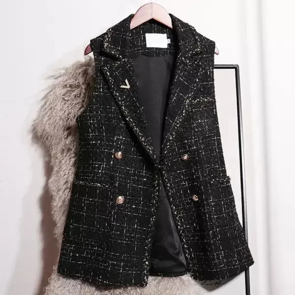 

Vintage Tweed Vest for Women Black V-neck Double Breasted Sleeveless Jackets Autumn Winter Korean Office Lady Waistcoat L60