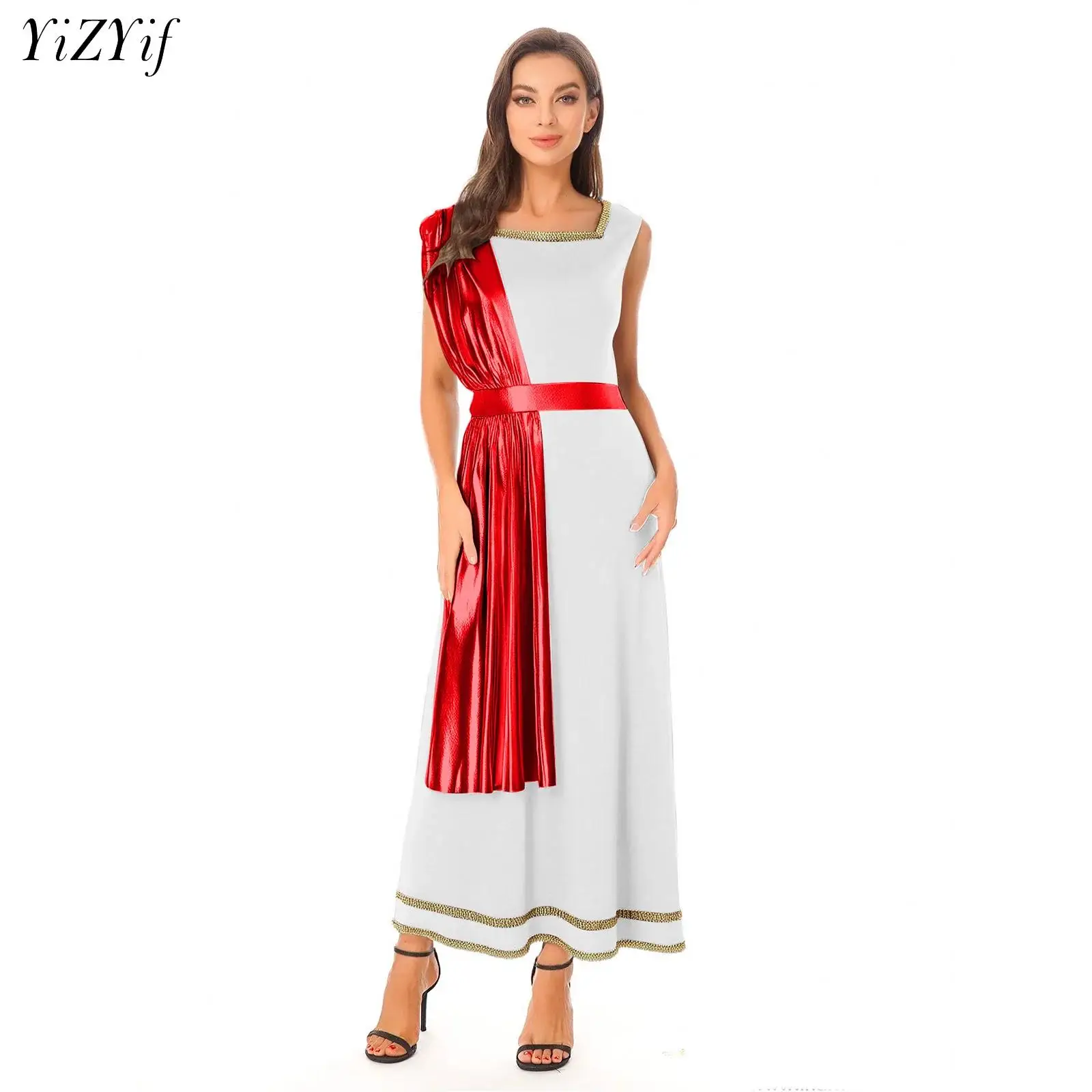 

Womens Ancient Greek Roman Athenian Goddesses Toga Halloween Cosplay Party Fancy Costume Sleeveless Gold Trim Tunic Dress Robe