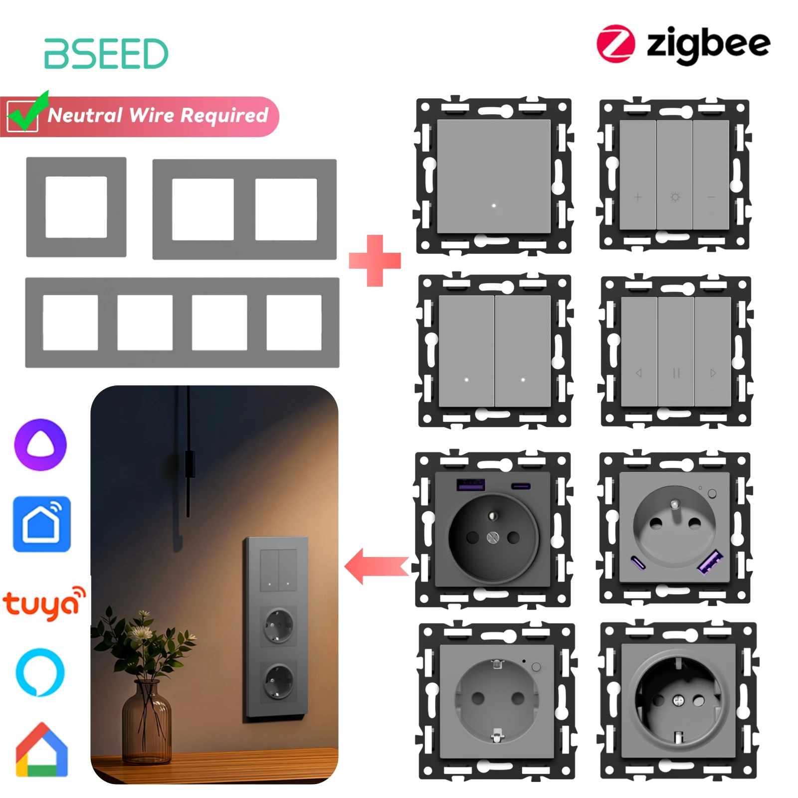 BSEED Zigbee 1/2/3/4Gang Smart Light Curtain Shutter Dimmer Switches Mechanical Buttons Sockets USBC DIY Parts Plastic Frames