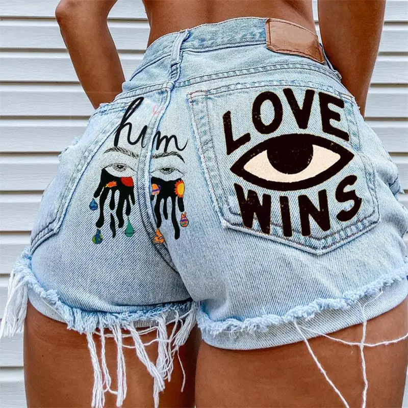 

Women's Denim Shorts 2024 Summer New High-Waisted Eyes Graffiti Punk Casual Plus Size Shorts