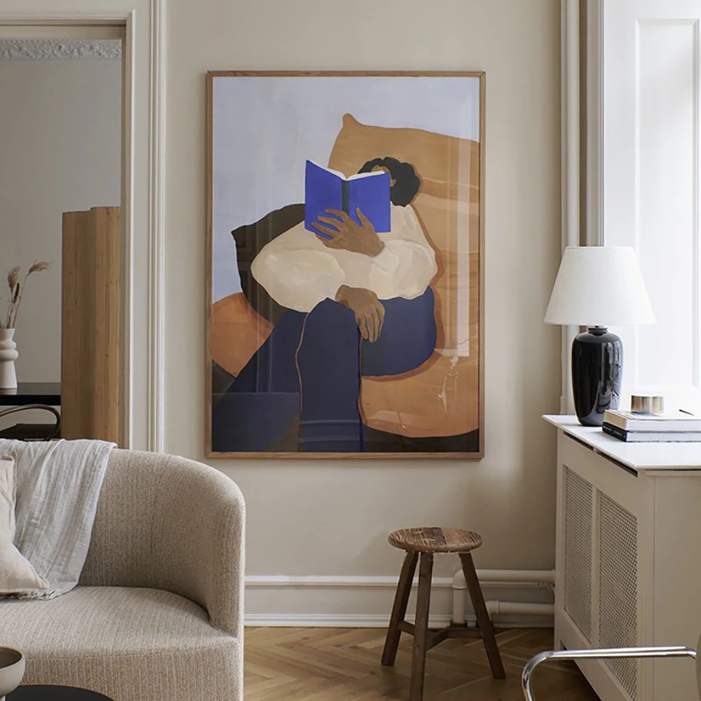 

Cozy Reading Scene Canvas Painting - Nordic Style Abstract Reading Person Wall Art Print Pictures for Bedroom Living Room Study