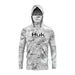 HUK Fishing Shirt Summer Long Sleeve Fishing Hooded Shirts With Face Mask Fish Clothing Outdoor Sun Protection T-shirts UPF 50+