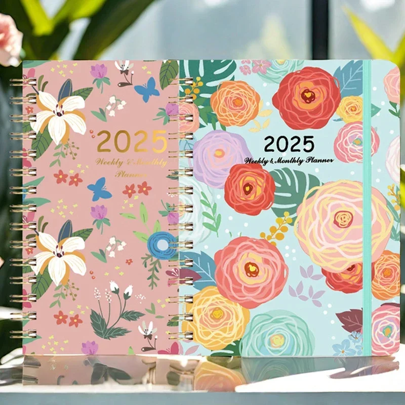 2025 Plan Calendar Diary Coil Notebook A5 Weekly Notebook Planners Budget Planner Flower Pattern 140 Pages Book (2025.1-2025.12)