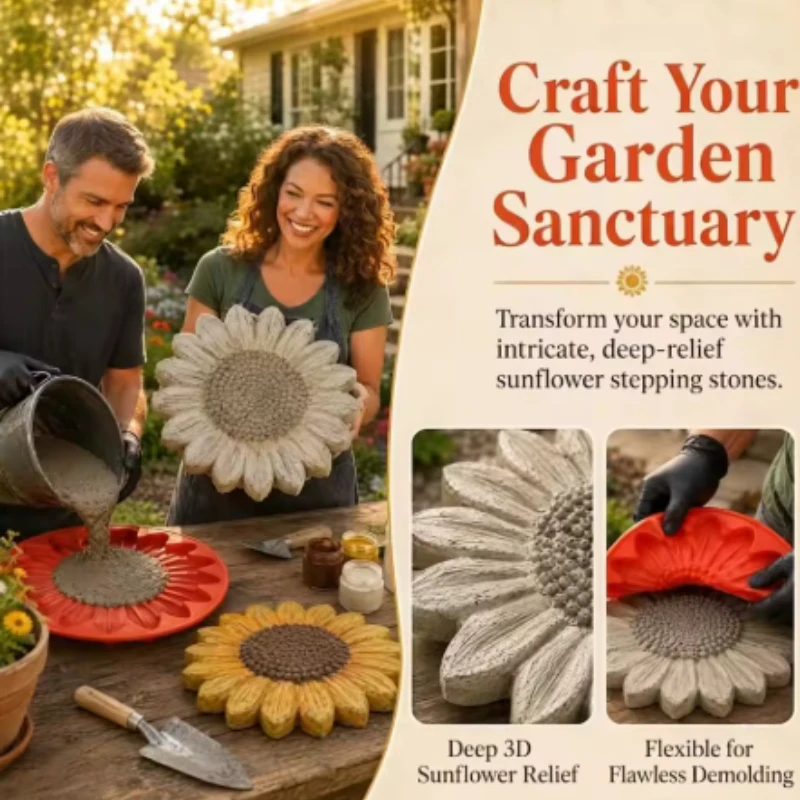New Reusable Sunflower Concrete Stepping Stone Mold, DIY Walkway Paver Mold for Outdoor Patio Lawn Garden Decoration