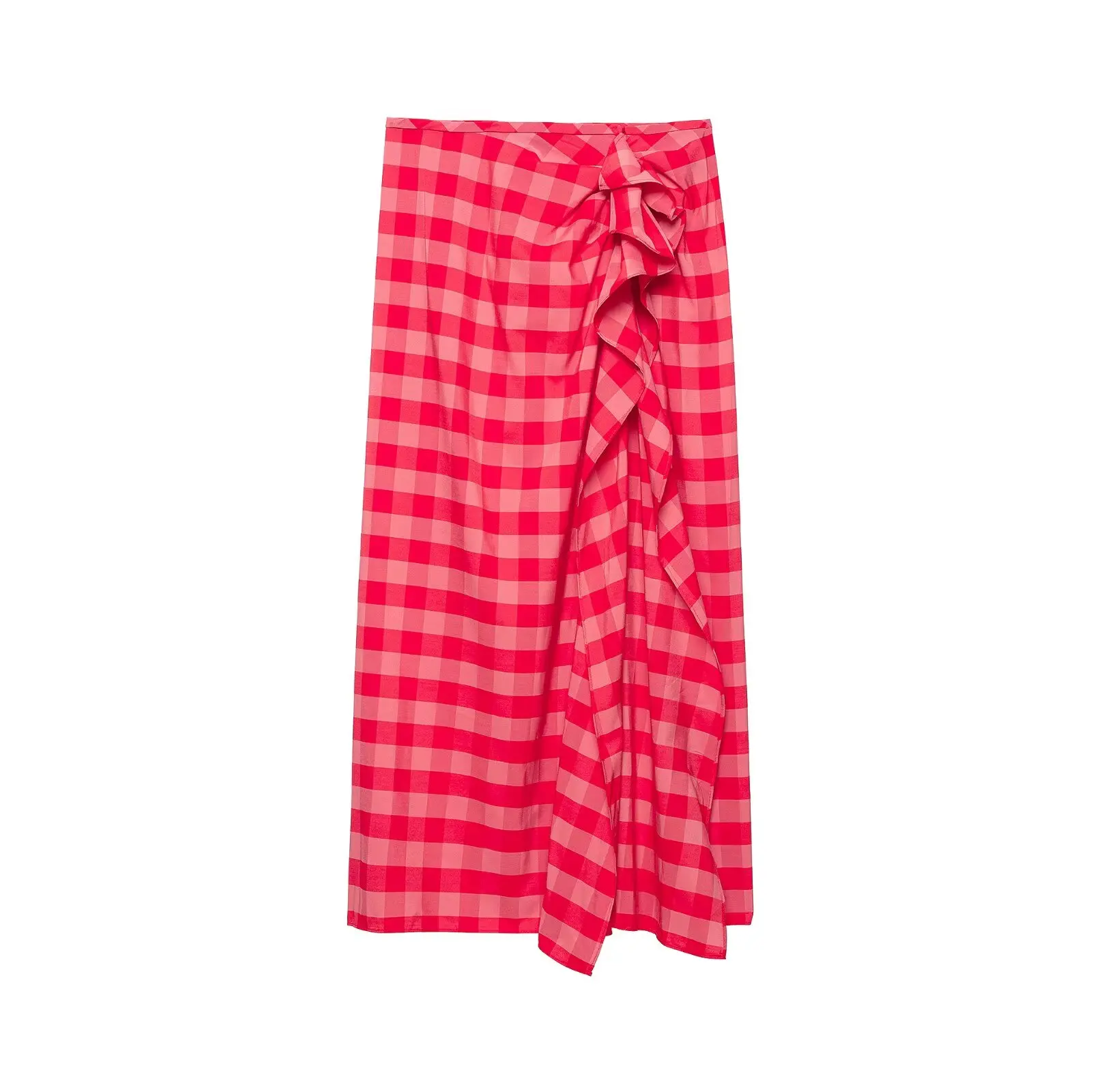 Spring Summer Women's Red Plaid Midi Skirt Elegant Chic Trendy Casual High Street Stacked Decoration Female Bottom Skirts