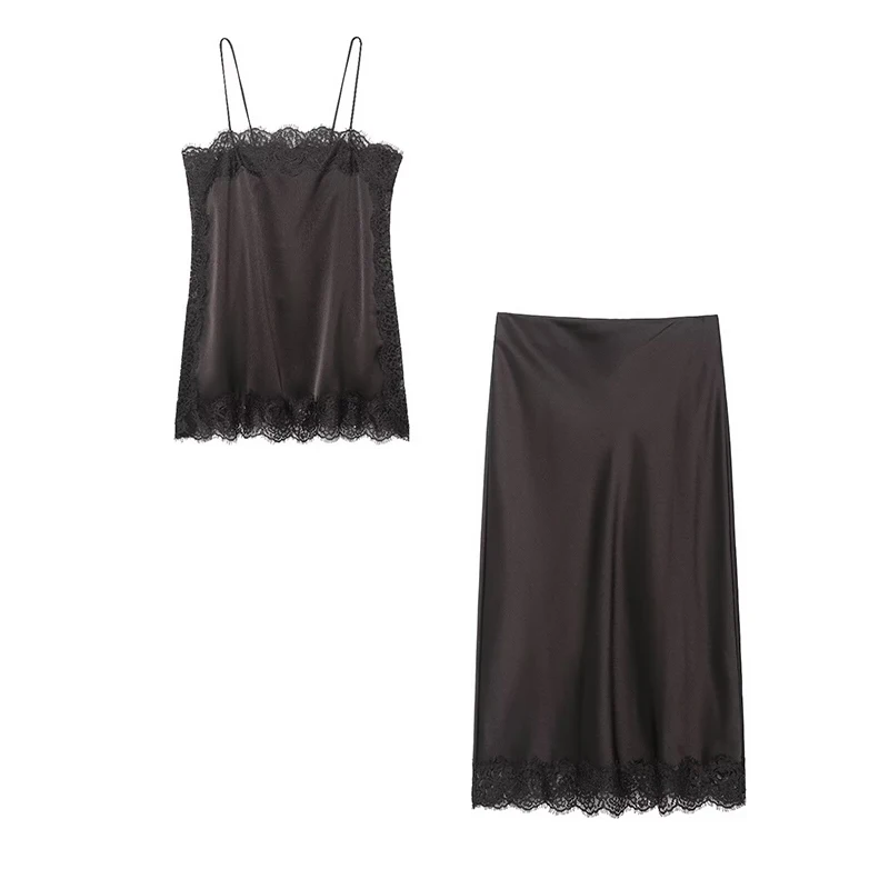 Mulheres rendas midi saias conjuntos de duas peças 2025 nova moda chique cetim renda estilingue topo ternos femininos sexy elegante mulher outfits
