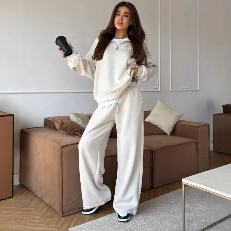 

European American Casual Women Cotton-padded Suit Zipper Lapel Pullover Hoodie Lace-up Straight Leg Wide-leg Pants Two-piece Set