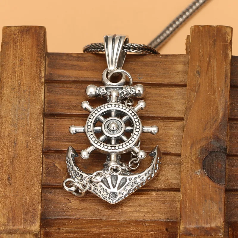 

S925 sterling silver pirate ship rudder boat anchor pendant fashion punk necklace pendant punk distressed ornament