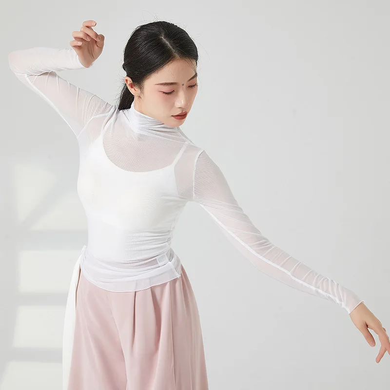 Women Gauze Mesh Dance Top High Piled Collar Sheer Shirt See Through Tulle Blouse Long Sleeve Classical Training Outfits clothes