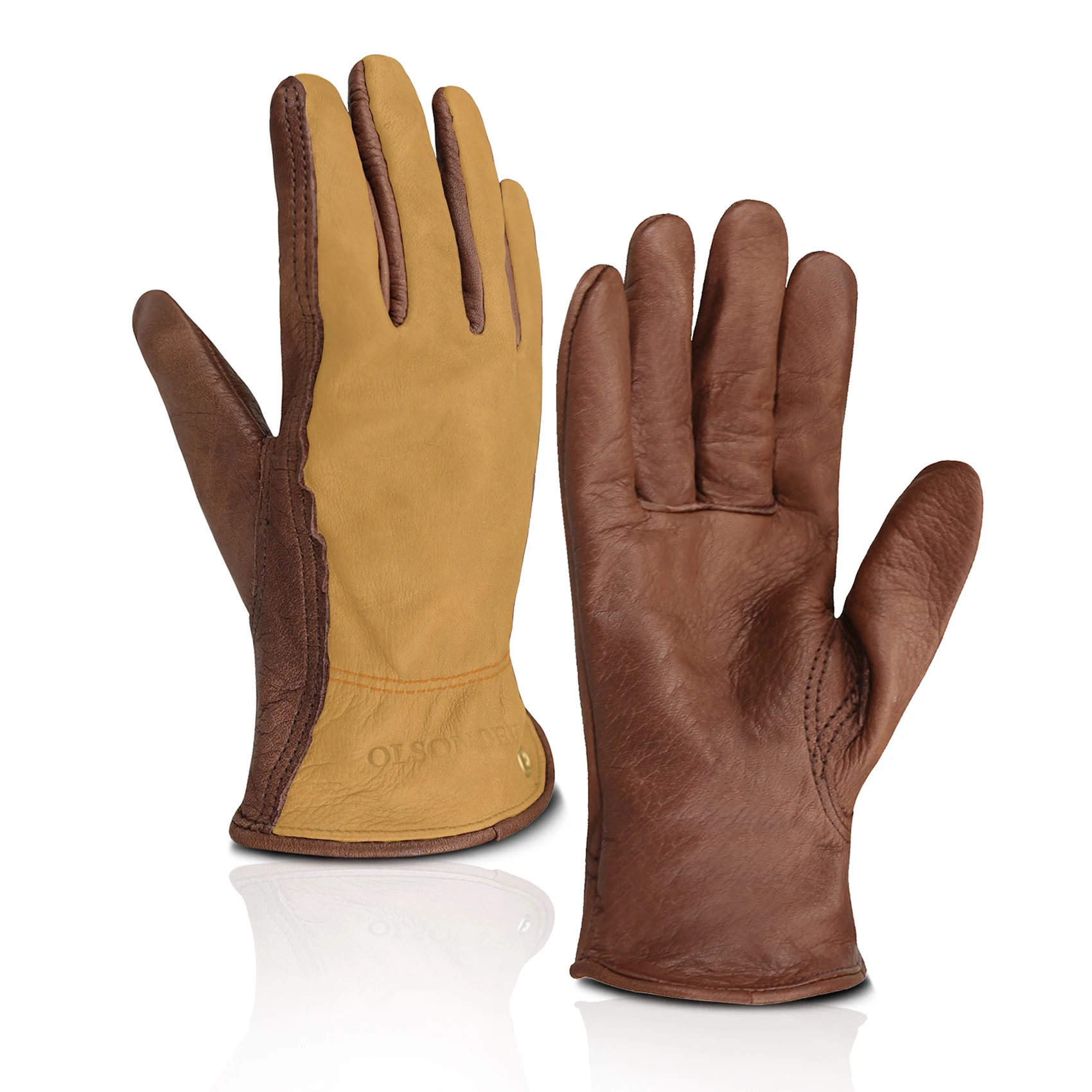 OLSON DEEPAK Cowhide Leather Gloves for Men&Women,Brown Moterbike Leather Gloves,Thorn Proof Garden Work Gloves