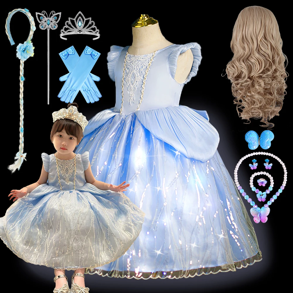 

Halloween LED Light Child Cinderella Cosplay Costume Fancy Girls Princess Dress Up Festive Luminous Light Blue Elegant Prom Gown