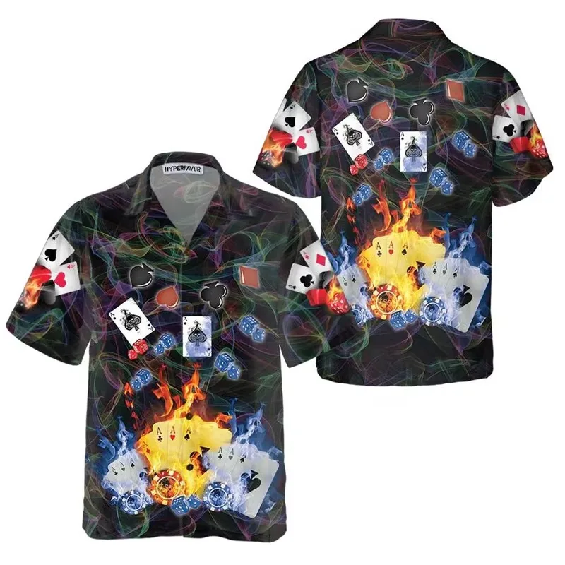 3d Print Flaming Poker Casino Hawaiian Shirts For Men Summer Short Sleeve Cool Poker Beach Shirts For Card Players Mens Shirt
