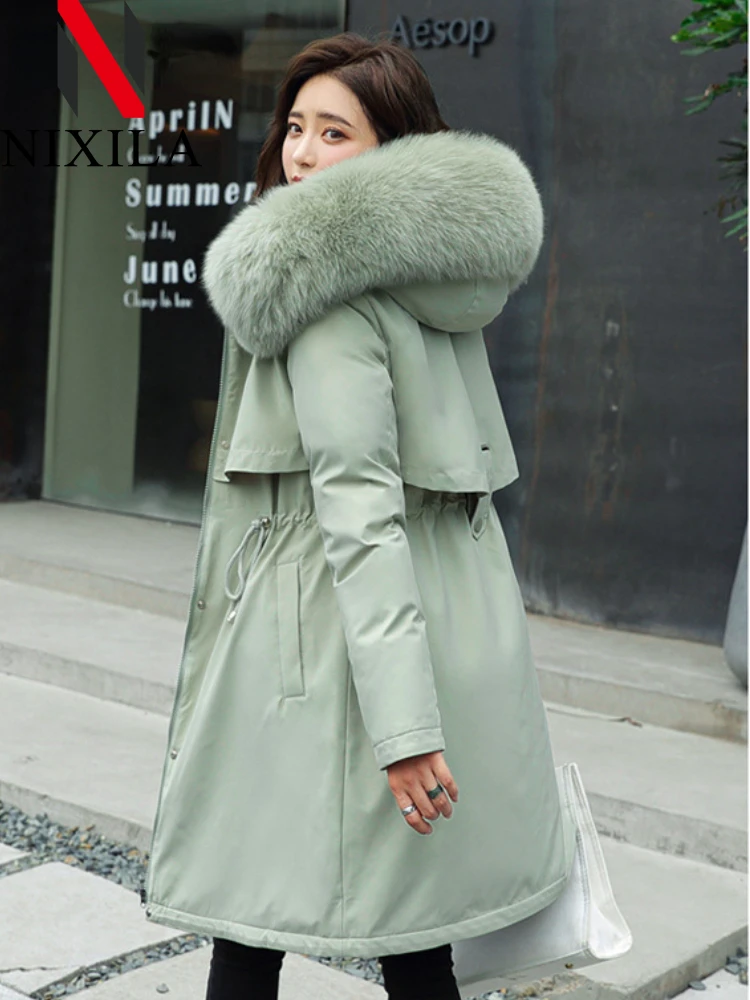 

Новые зимние женские парки, плюшевая хлопковая куртка, плотное пальто с капюшоном, миди, длинный шерстяной воротник, теплая подкладка, популярная женская одежда