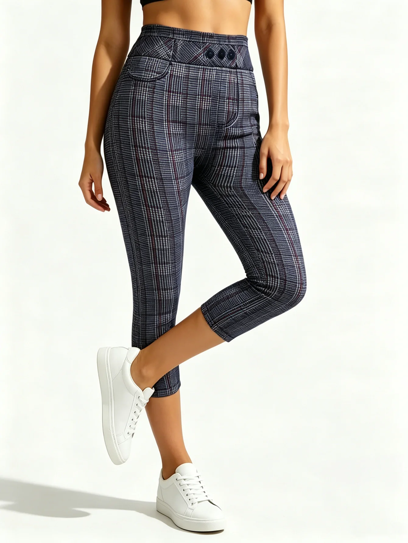 Plaid Print Fake Denim Capri Leggings Soft Breathable Elastic Slim Stretch Casual Pants Trousers Fake Pockets Fashion tights