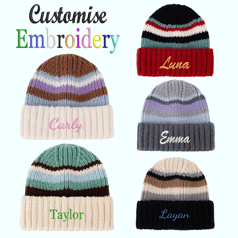 Embroidery Customization / Standard Version Dopamine Striped Knit Hat, Warm and Stylish, Beautiful Color Combinations, Keeps You Warm All Winter, Suitable for Daily Commuting, Travel, Parties, Outdoor Sports, Etc., Also Makes a Great Gift for Christmas, Halloween, and Anniversaries