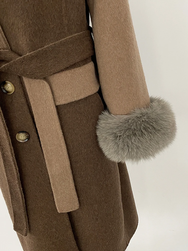 Frauen Patchwork doppelseitigen Woolen Kaschmir Mantel Echt Fox Pelz Manschette Wolle Jacke Weibliche Neue Winter Echtpelz Kragen kleidung