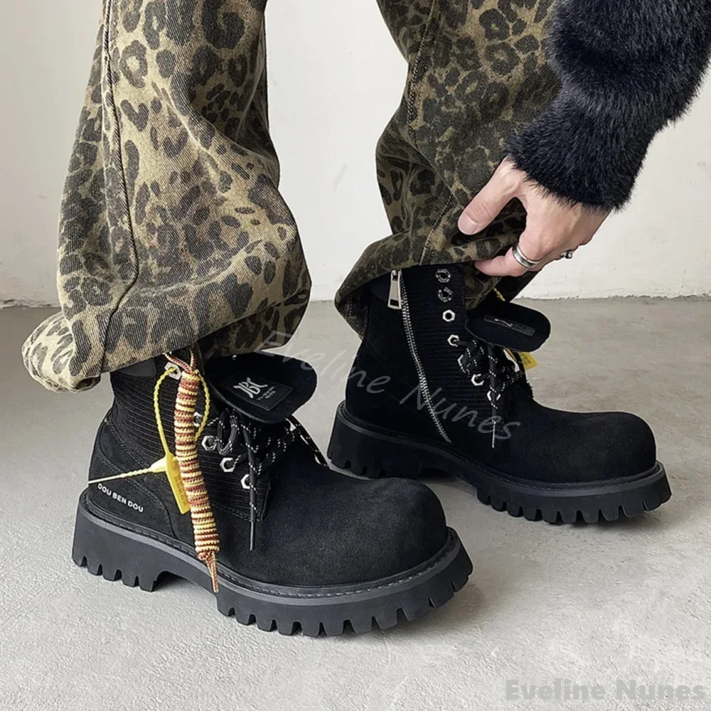 New High Top Thick Soled Work Boots Men Genuine Leather Height Enhancing Black Lace Up Short Boots 2025 Autumn New Fashion Boots