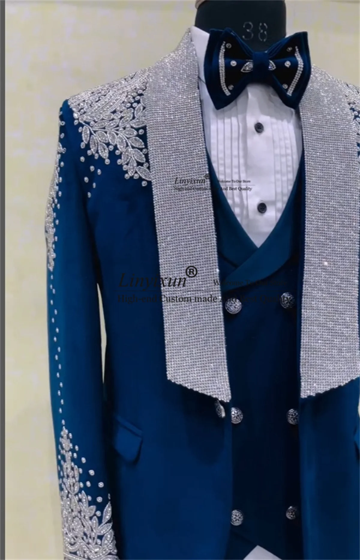 Glitter Sequins Lapel Men Suit Luxury Beaded Wedding Groom Tuxedos Male Prom Party Blazer Slim Fit 3 Pieces Sets Costume Homme