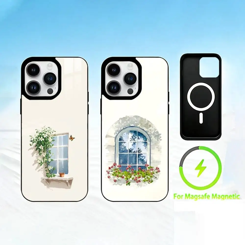 

W-Watercolor flowers by the window Phone Case For iPhone 17 16 15 14 13 12 Pro Max Plus for Mirror Wireless Magnetic Cover