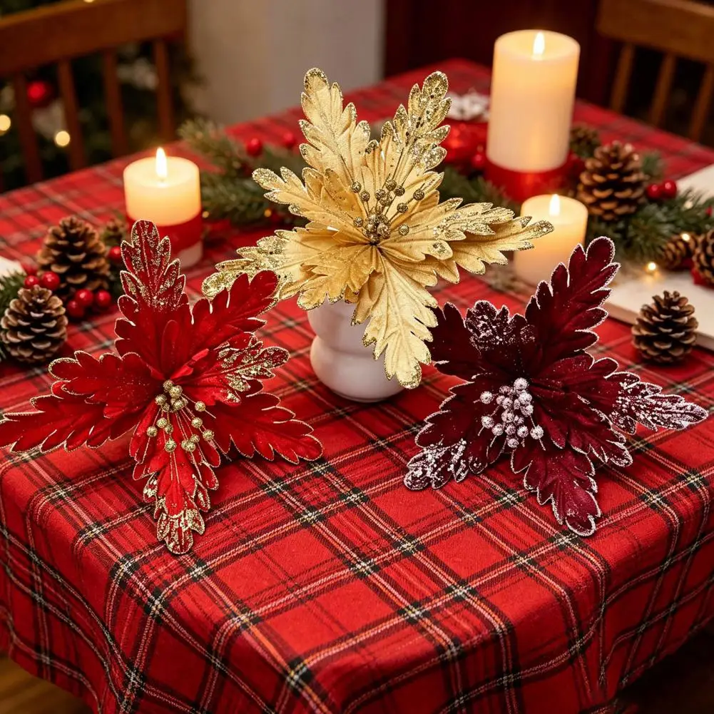 Glitter Christmas Flower Decorations Artificial Christmas Flowers with Gold Powder Beads Multi-layered Fabric Petals for Holiday