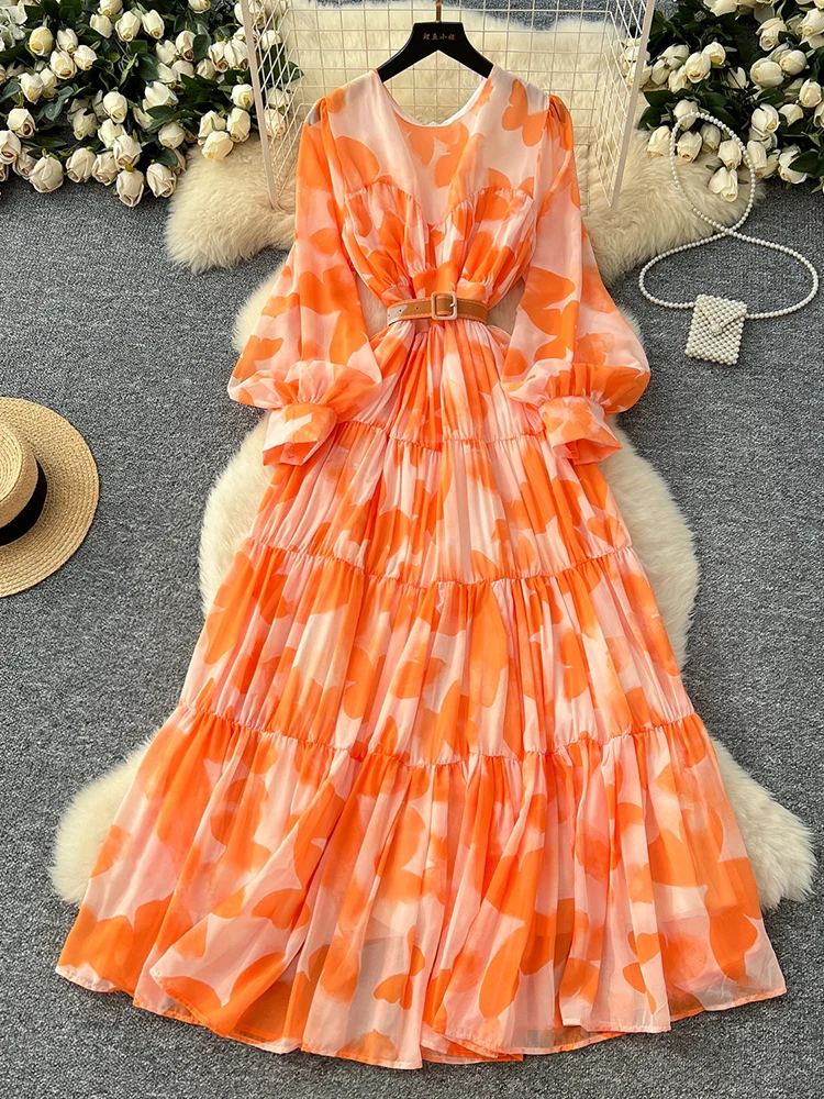 Frühling Sommer frauen Langarm Gedruckt Große Schaukel Kleid Neue Französisch Mode Strand Stil Cinched Rundhals Langes Kleid Y01