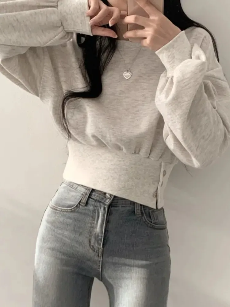 Korean Autumn Chic Solid Hoodies Women Casual O-neck Long Sleeve Y2k All Match Tops New Slim Fit Button Simple 2024 Ropa Mujer