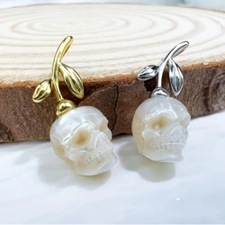Gothic jewelry Hand Carved Pearl Skull 925 Sterling Silver Leaves Pendant for Necklace Earrings DIY Making
