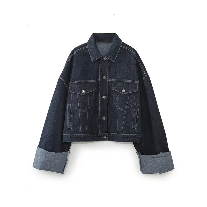 

A83F-Women's Vintage Denim Set Long Sleeve Lapel Jacket With High Waist Wide Leg Jeans Two Piece Outfit Blue Tops XS