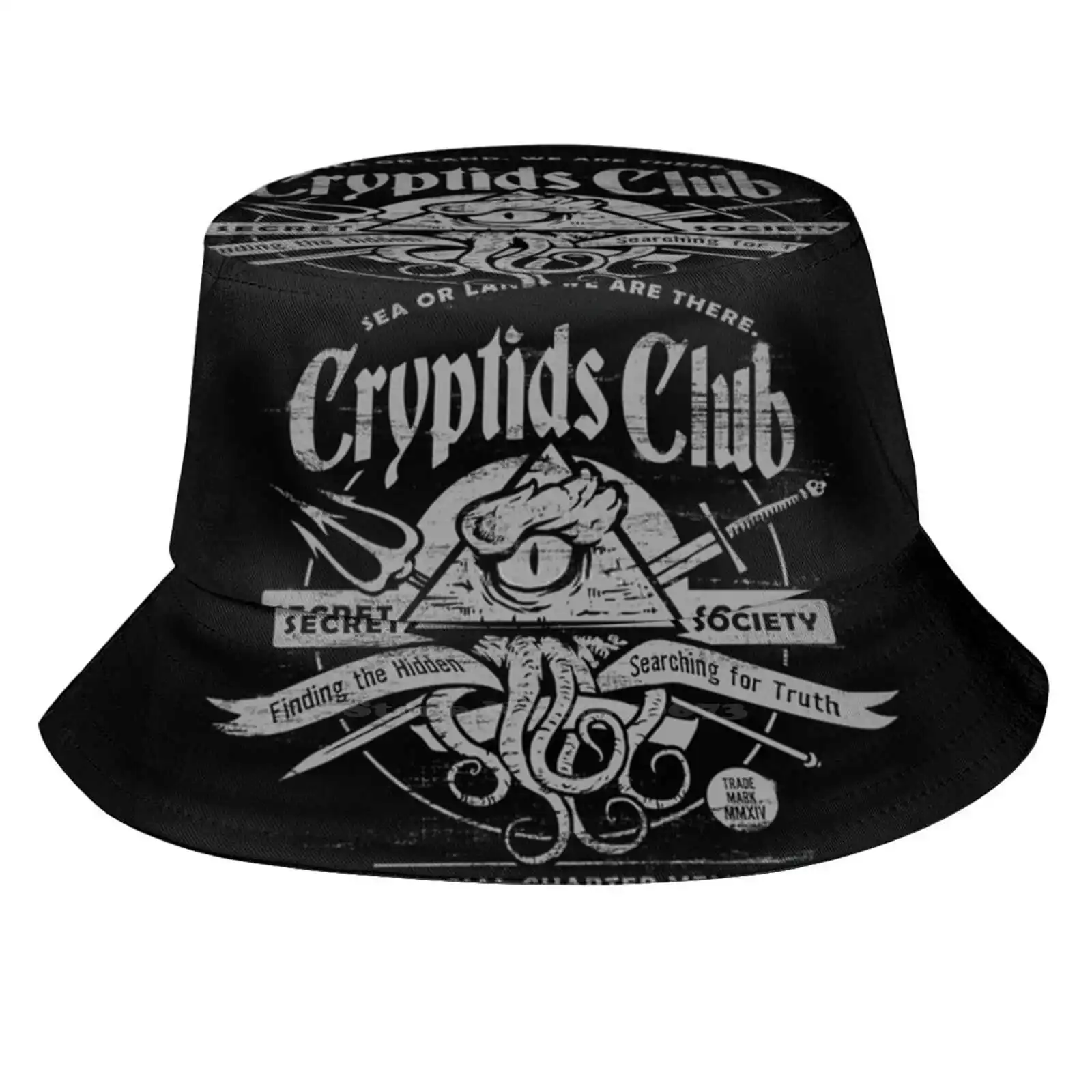 Cryptids Club ( Dark Shirt Version ) Pattern Design Printed Travel Bucket Hats Bigfoot Lochness Illuminati Secret Society