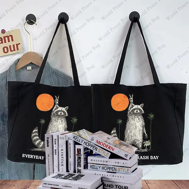 1 pc Everyday Is Trash Day Raccoon patternTote Bag  Canvas Shoulder Bag For Travel Daily Commute Women\'s Reusable Shopping Bag