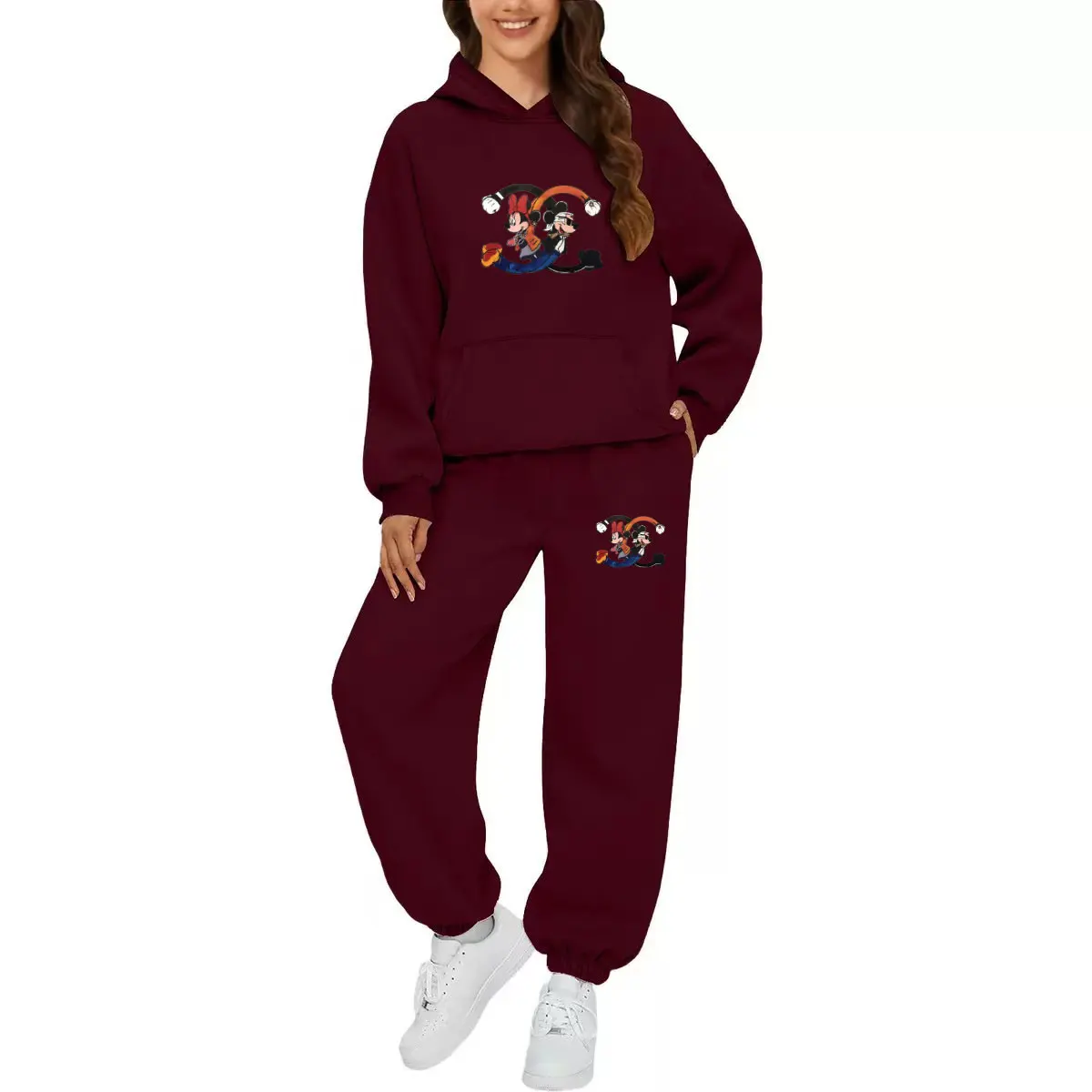 2025 New Spring and Autumn Disney Mickey Printed Women's Sportswear Hoodies Pants Fashion Casual Daily Sportswear Men's Wear