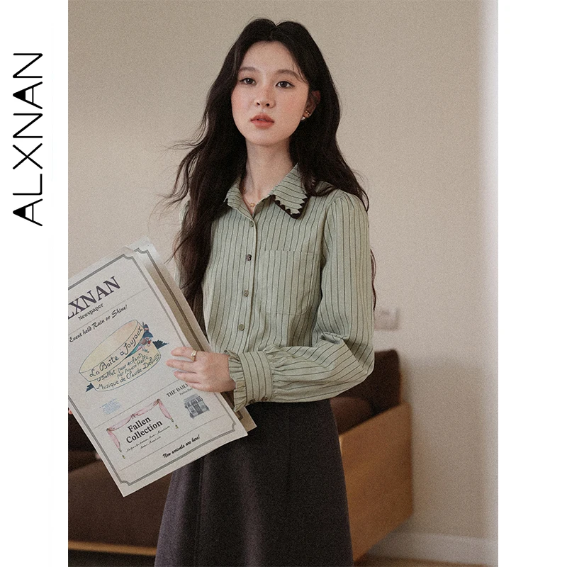 

ALXNAN Bean Green Striped Shirt Lapel Chic Flower Button Office Lady Cotton Blouses 2025 Autumn Long Sleeve Top Female L58023