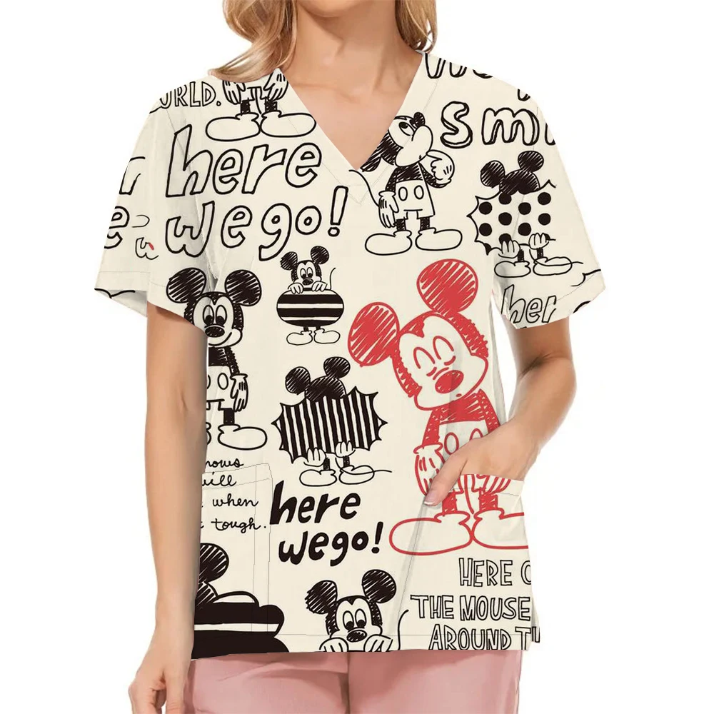 V-Hals Top Vrouwen 2024 Mickey T-Shirt Disney Shirts Zomer Ziekenhuis T-Shirts Verpleegster Uniform Vrouw Kleding Minnie Mouse Tops Zak