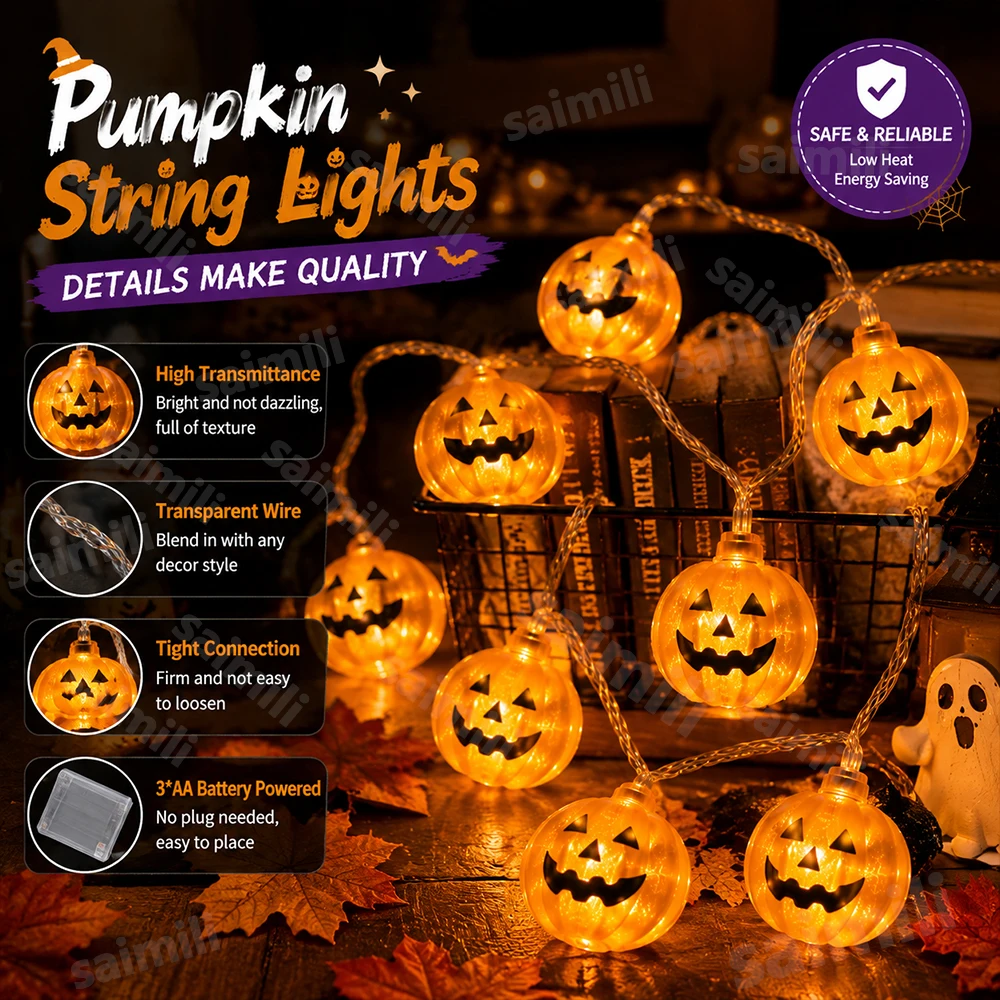 Spooky Pumpkin Face Halloween LED String Lights Battery Powered Horror Atmosphere For Haunted House Home Holiday Party Decor