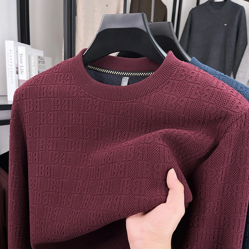 Winter Herren Casual Strickpullover Langarm mit Allover-Prägemuster Fleece-Innenfutter Rundhals Bürokleidung – Detail 11