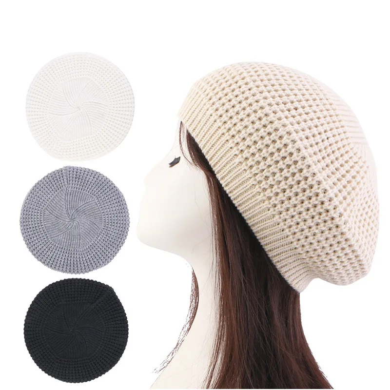 New Soft Winter Handmade Wool Knitting Berets Ladies Solid Flat Cap Female French Artist Beanie Beret Hats Stars Painter Hat