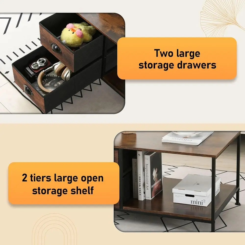 Storage Drawer Coffee Table for Living Spaces, 2-Tier Brown Wood Rectangular Table, Metal Accent Side Table