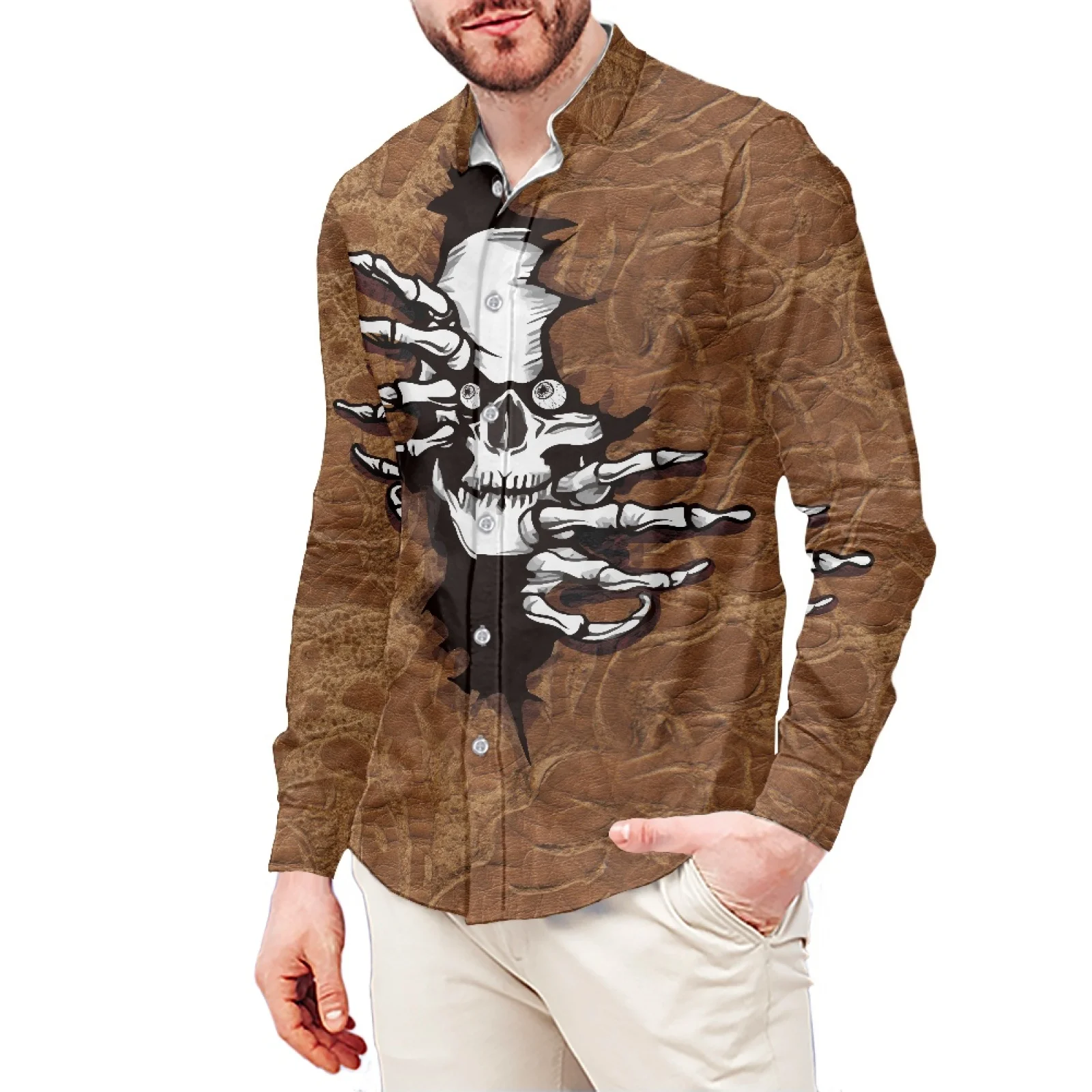 Crack Skeleton Polynesian Tribe Hawaiian Casual Sport Style Men's Shirt Stand Collar 6XL Long Sleeve Men Winter