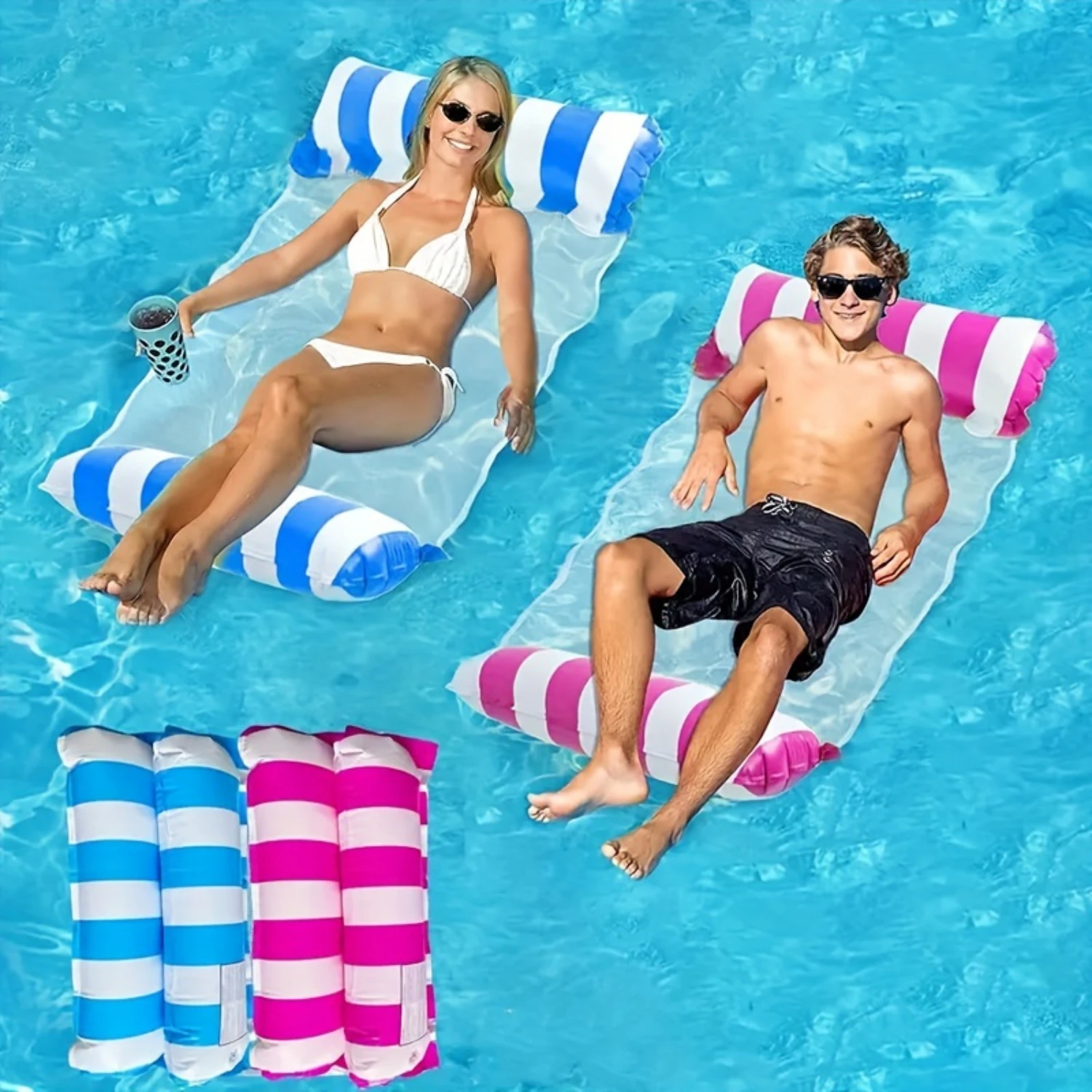 Hamaca de agua inflable con malla, cama flotante plegable con patrón de rayas, sillón reclinable de agua, para Fiesta EN LA Piscina, diversión en la playa, 1 ud.