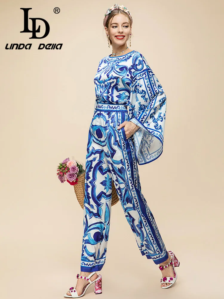 Ld linda della Sommer Runway Designer Set Damen Blue Flare Ärmel Druck lose Top Strand gerade Hose 2 Stück Set