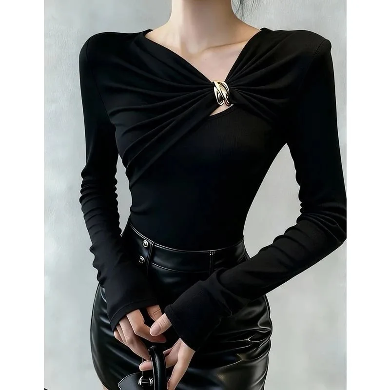 Women's Fitted Long Sleeve Top with Gold Ring Tees Detail T-Shirts