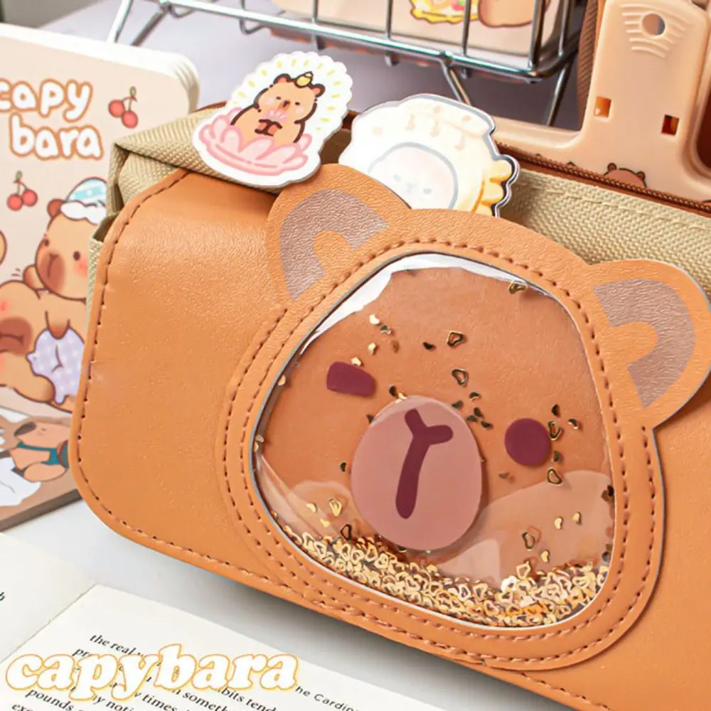 Large Capacity Capibara Pen Bag Cartoon Stationery Holder Glitter Pen Case Korean Style Desktop Storage Capibara Pencil Pouch