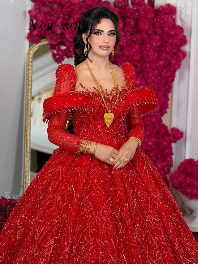 Princess Red Ball Gown Muslim Wedding Evening Dresses Customized Crystals Beaded Luxury Long Sleeves Engagement Prom Gowns