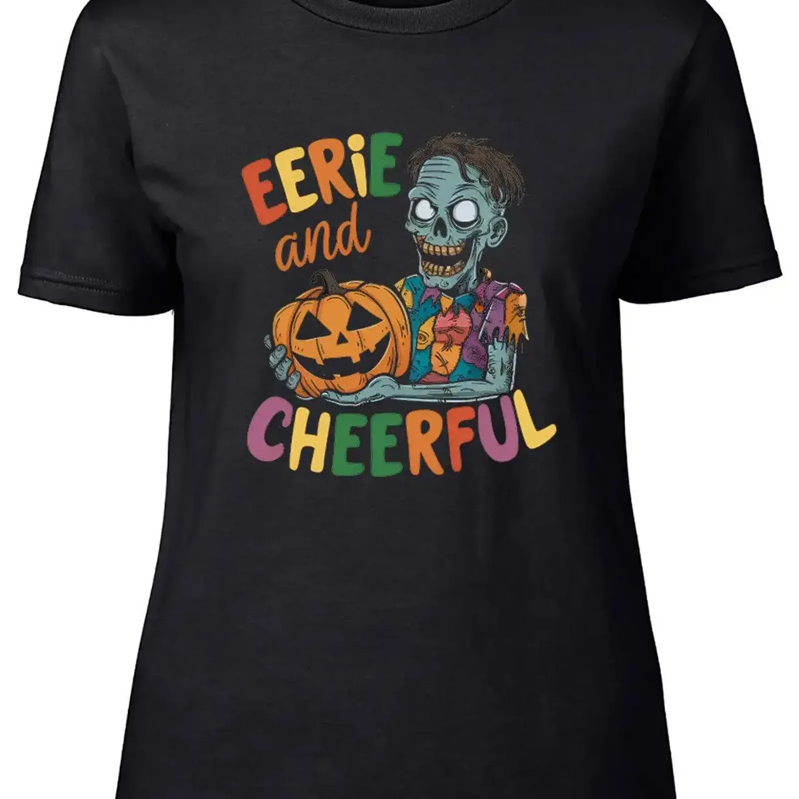 

Eerie and Cheerful Halloween Costume Womens T Shirt Zombie Pumpkin Ladies vintage Washed graphic Breathable Soft Unisex