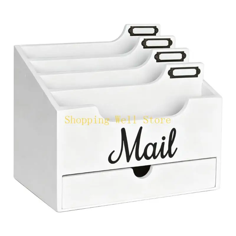 KX4B Desk Sorter for Papers and Pens, Wooden File Holder with Drawer, Vertical Mail Storage for Study and Office Desks