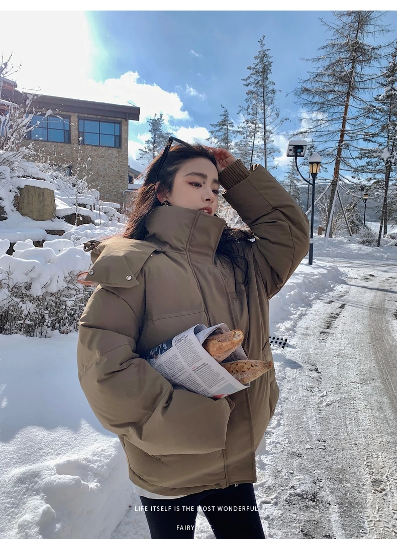 2024 Winter Khaki Down Cotton Jacket Women Hooded Parkas Padded Coat Thick Warm Love Embroidery Loose Puffer Female Snow Outwear